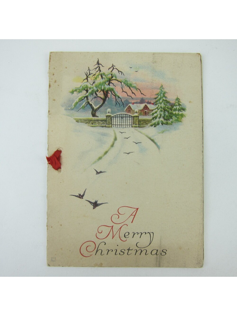 Antique Christmas Card Snowy House Trees Gate Road and Birds Flying Ribbon 1920s